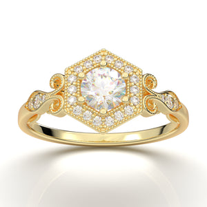 Home Try On--Yellow Gold Vintage Hexagon Halo Ring