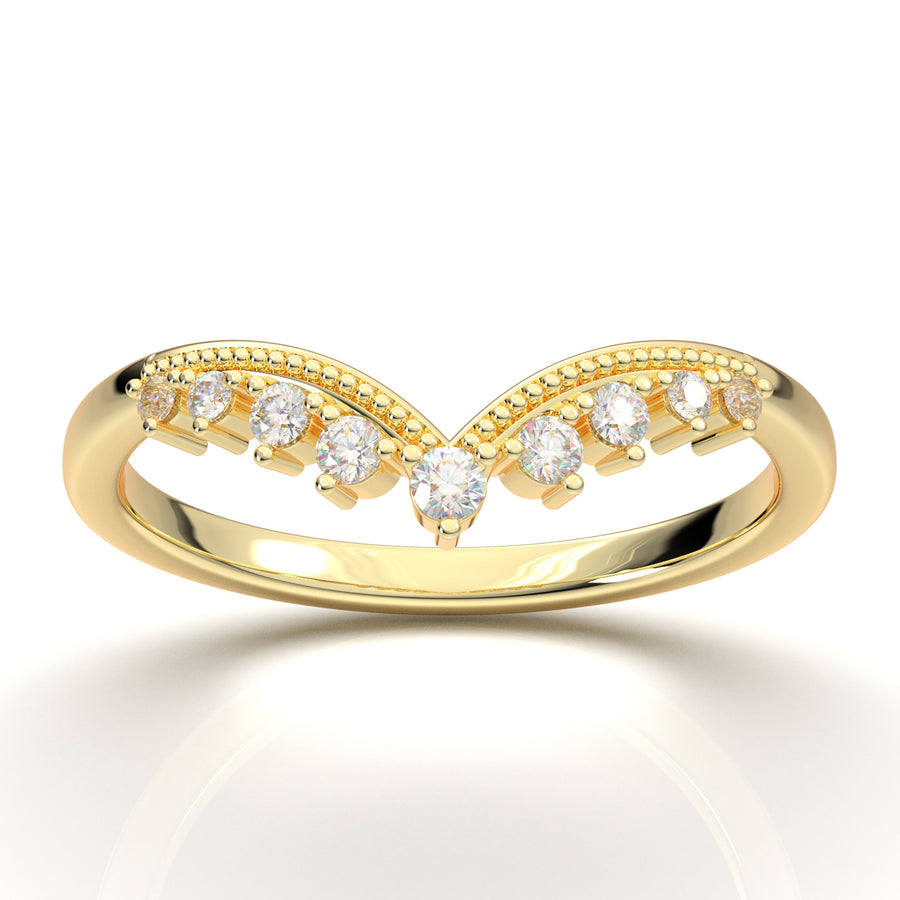 Home Try On--Yellow Gold Curved Milgrain V Wedding Band