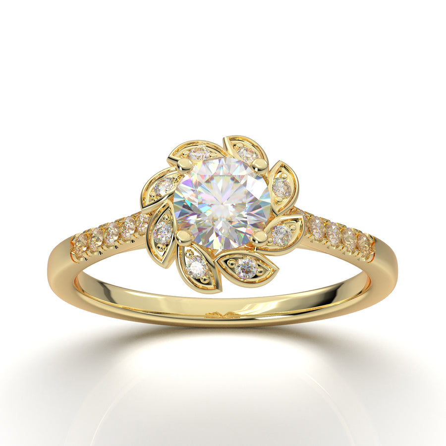 Home Try On--Yellow Gold Flower Petal Halo Ring