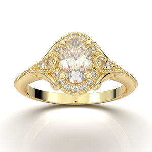 Home Try On--Yellow Gold Vintage Filigree Oval Halo Ring