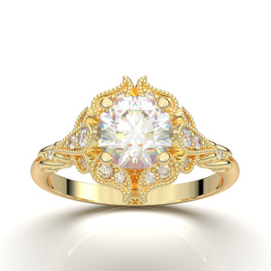 Home Try On--Yellow Gold Vintage Floral Filigree Halo Ring