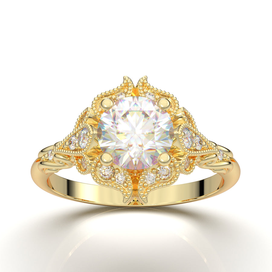 Yellow Gold Vintage Floral Filigree Halo Ring