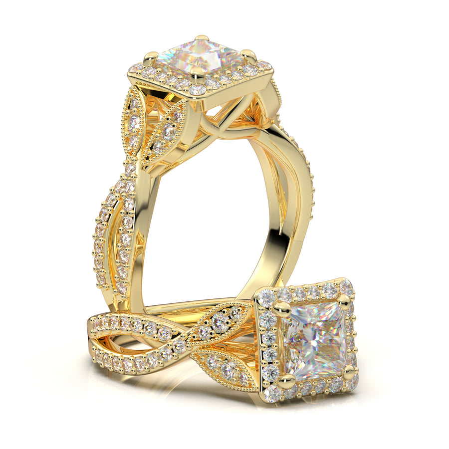 Home Try On--Yellow Gold Princess Cut Halo Twist Shank Ring