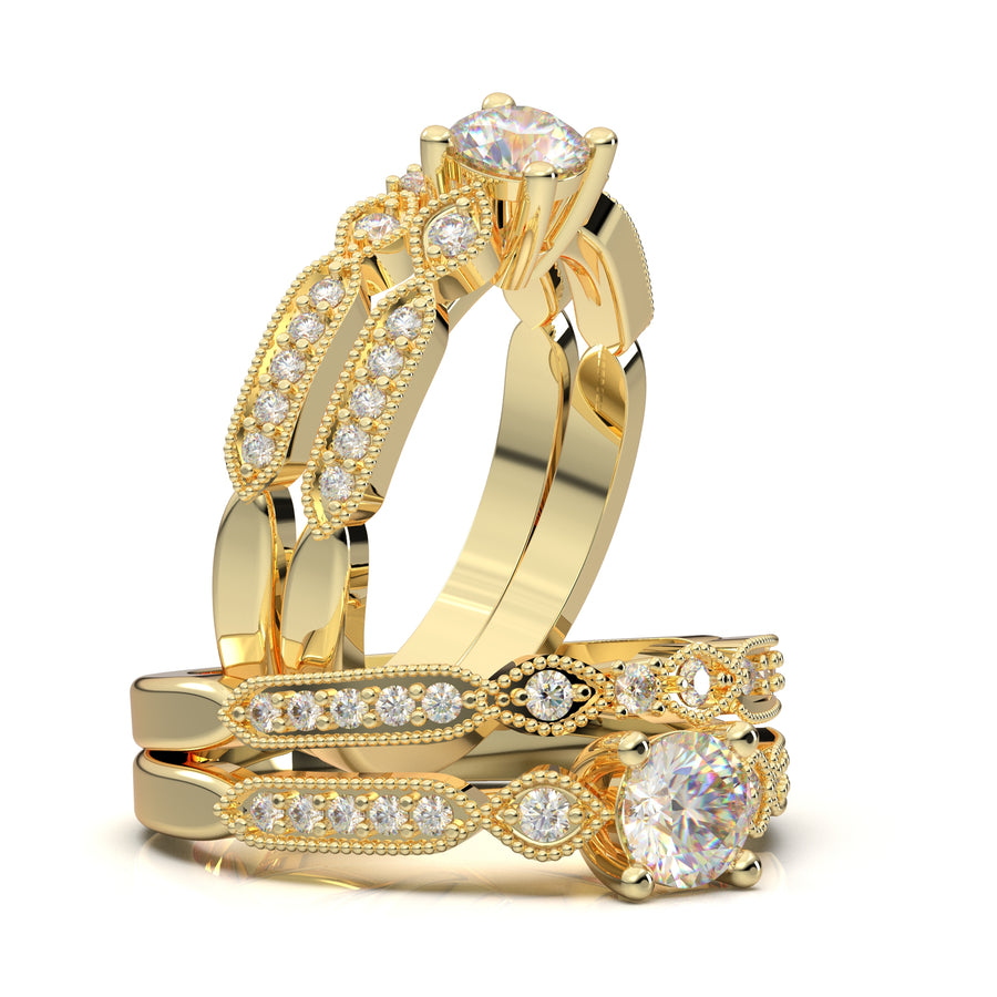 Home Try On--Yellow Gold Vintage Milgrain Bar Engagement Set