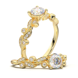 Yellow Gold Floral Leaf Bezel Ring