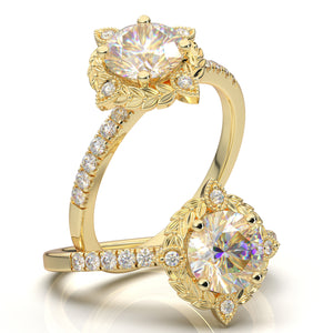 Home Try On--Yellow Gold Vintage Floral Leaf Halo Ring
