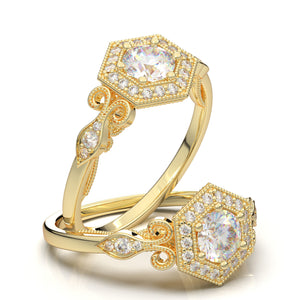 White Gold Vintage Hexagon Halo Ring