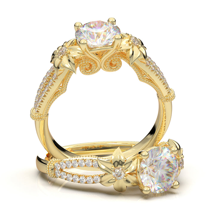 Home Try On--Yellow Gold Floral Split Shank Flower Ring