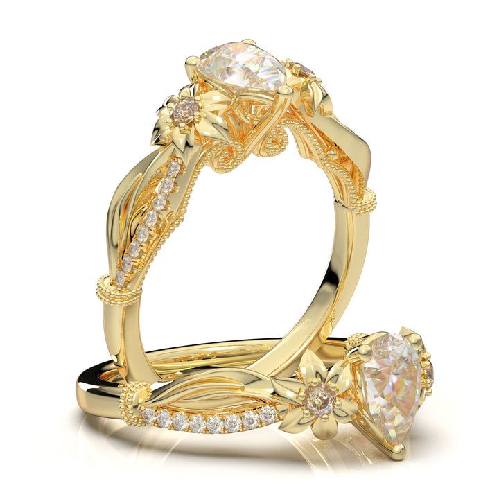 Yellow Gold Floral Pear Filigree Ring