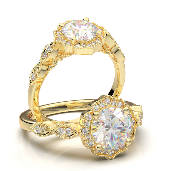 Home Try On--Yellow Gold Floral Milgrain Halo Ring