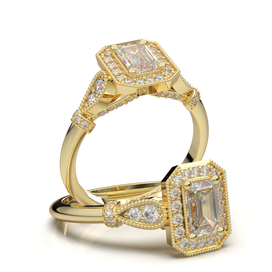 Rose Gold Emerald Cut Milgrain Halo Ring