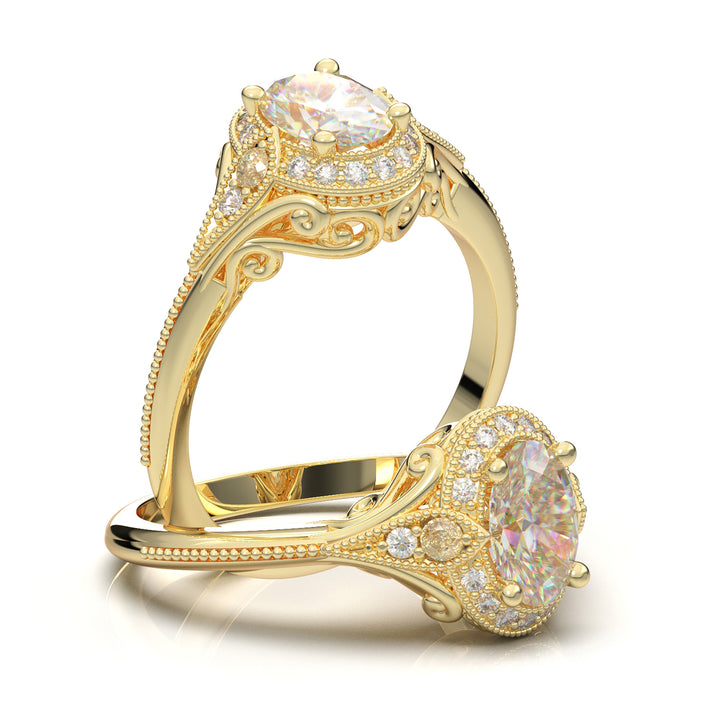 Home Try On--Yellow Gold Vintage Filigree Oval Halo Ring