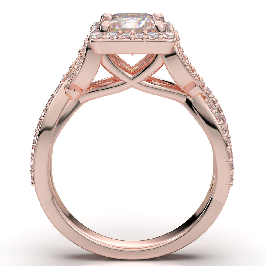 Home Try On--Rose Gold Princess Cut Halo Twist Shank Ring