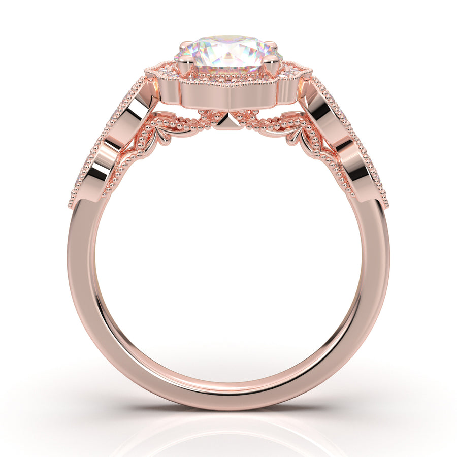 Home Try On--Rose Gold Floral Milgrain Halo Ring