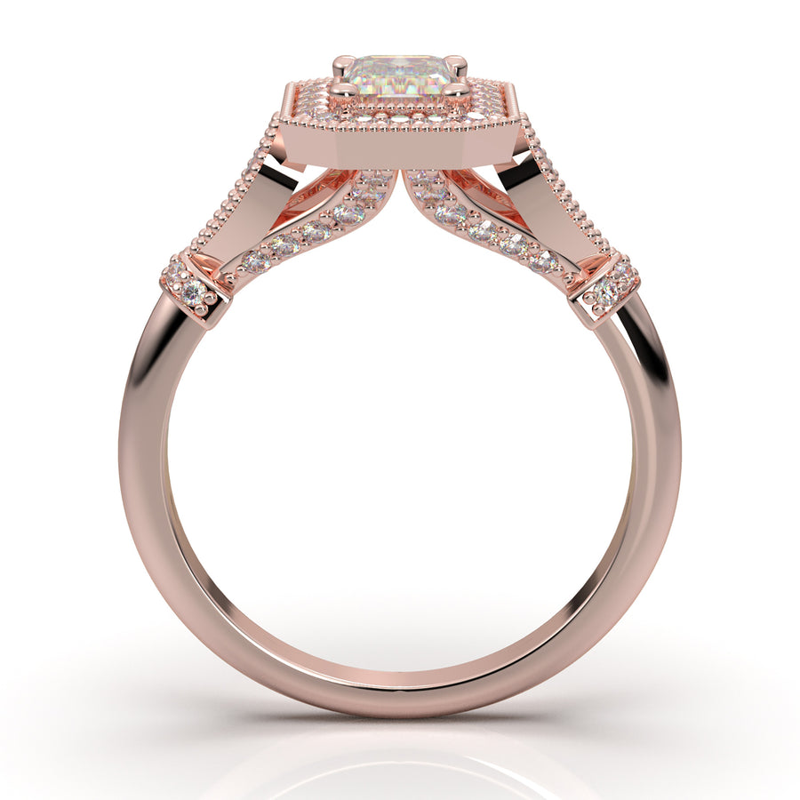 Home Try On--Rose Gold Emerald Cut Milgrain Halo Ring