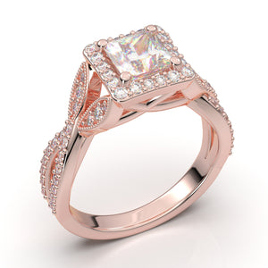 Home Try On--Rose Gold Princess Cut Halo Twist Shank Ring