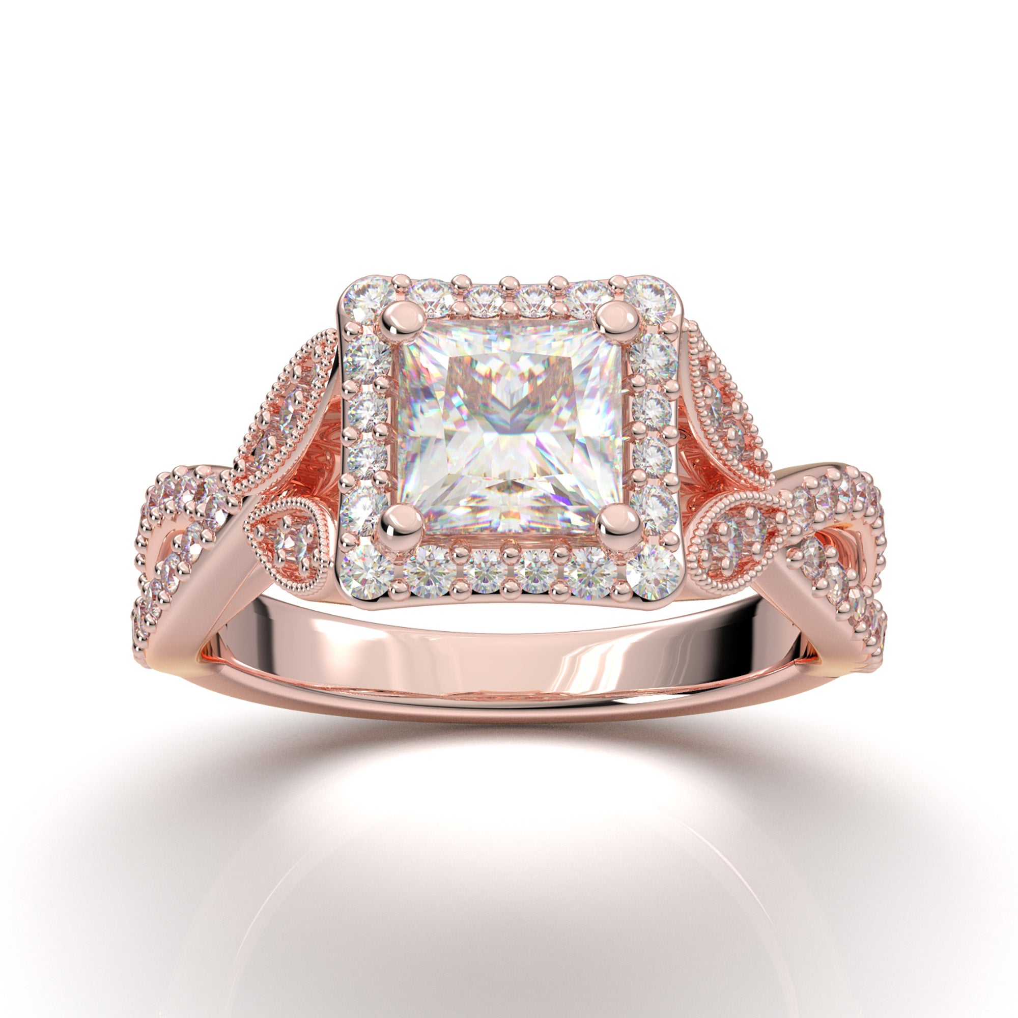 14K Rose Gold Princess Cut Peach Morganite Leaf Marquise Sidestones  Engagement Ring Set