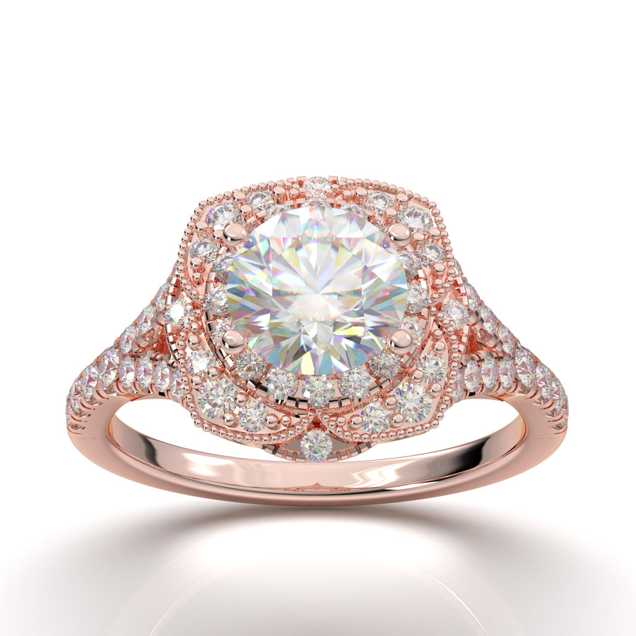 Rose Gold Double Halo Split Shank Ring