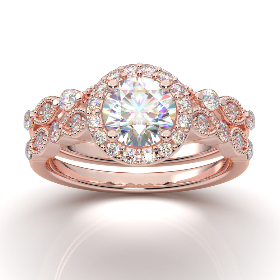 Home Try On--Rose Gold Round Halo Vintage Engagement Set