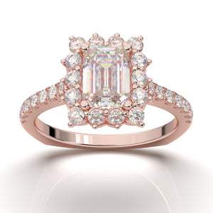 Rose Gold Emerald Cut Large Halo Ring