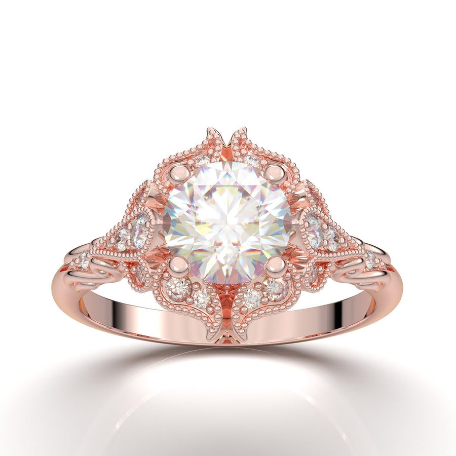 Rose Gold Vintage Floral Filigree Halo Ring