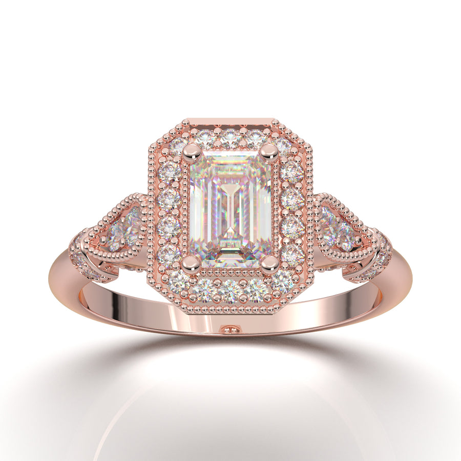 Rose Gold Emerald Cut Milgrain Halo Ring