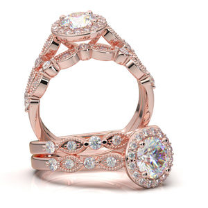 Home Try On--Rose Gold Round Halo Vintage Engagement Set