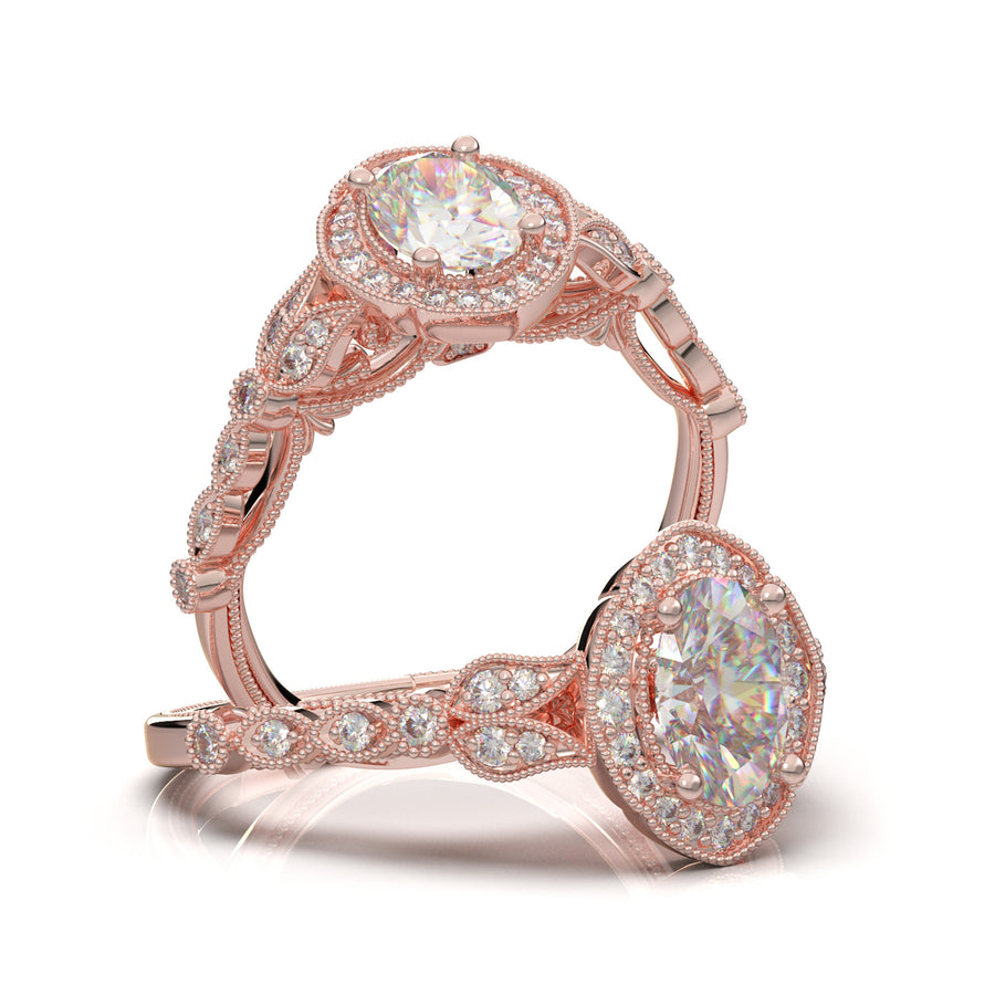 Rose Gold Floral Oval Halo Ring