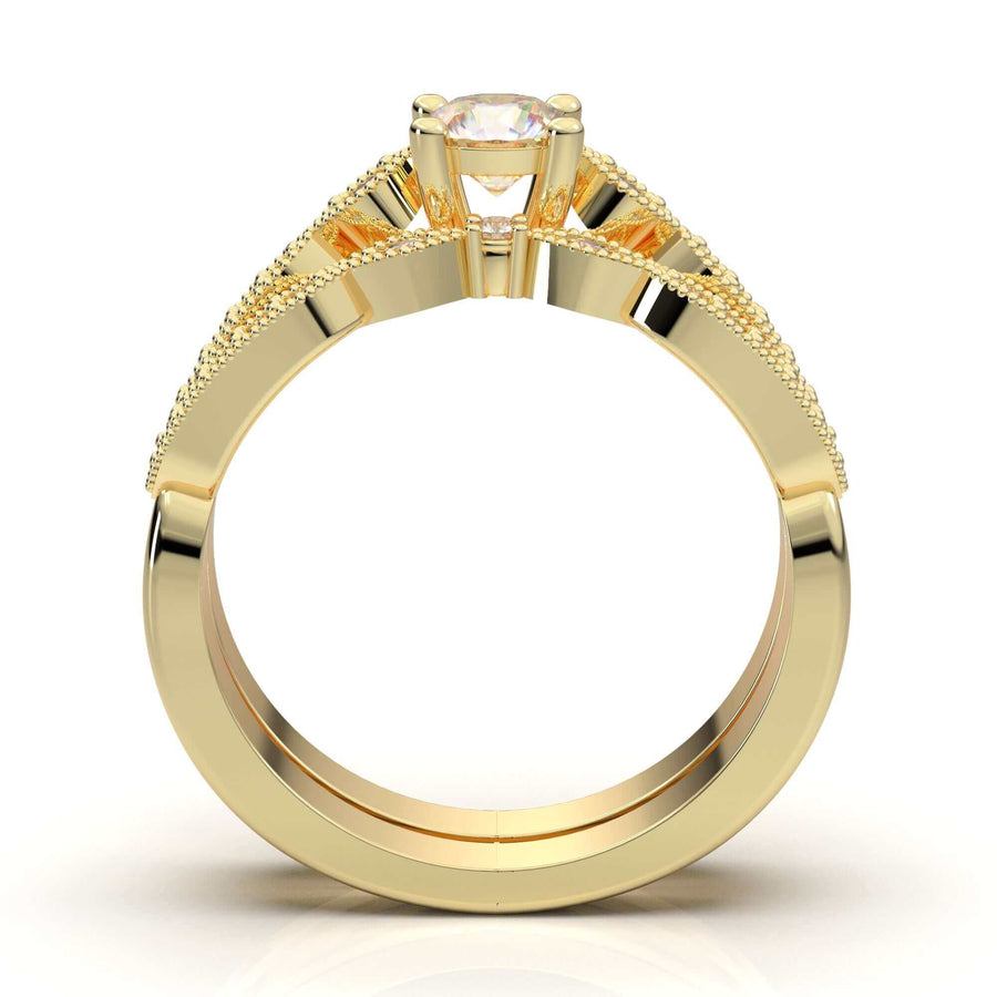 HOME TRY ON--YELLOW GOLD VINTAGE MILGRAIN BAR ENGAGEMENT SET