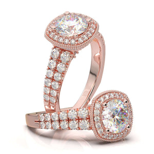 ROSE GOLD CUSHION HALO TWO-ROW RING