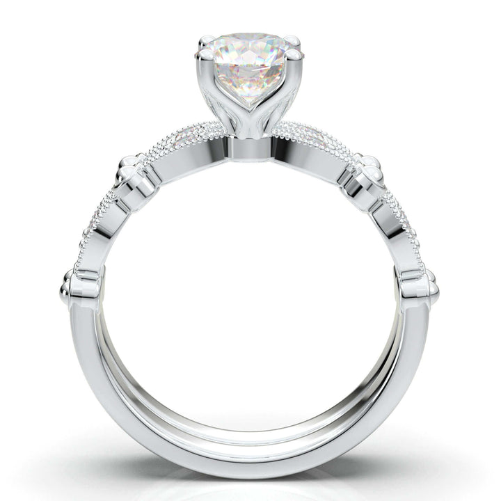 WHITE GOLD VINTAGE BEAD SET ENGAGEMENT SET