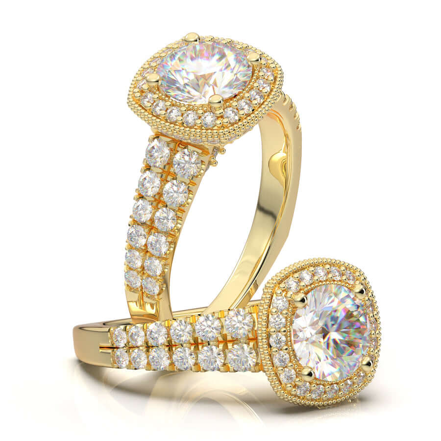 YELLOW GOLD CUSHION HALO TWO-ROW RING