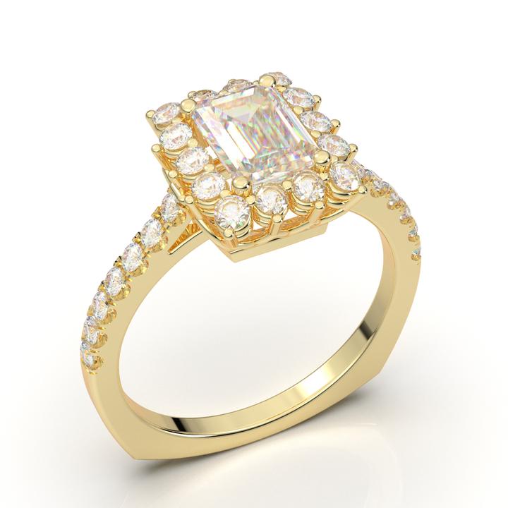 YELLOW GOLD EMERALD CUT LARGE HALO RING