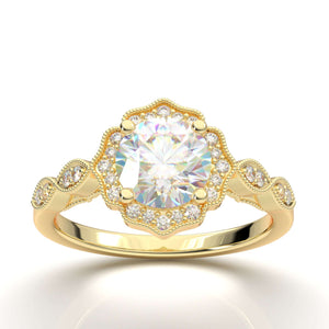 HOME TRY ON--YELLOW GOLD FLORAL MILGRAIN HALO RING