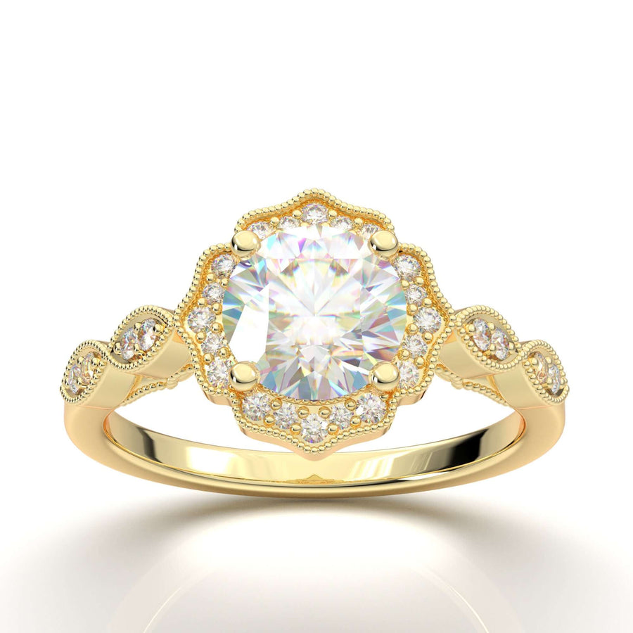 HOME TRY ON--YELLOW GOLD FLORAL MILGRAIN HALO RING