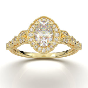 YELLOW GOLD FLORAL OVAL HALO RING