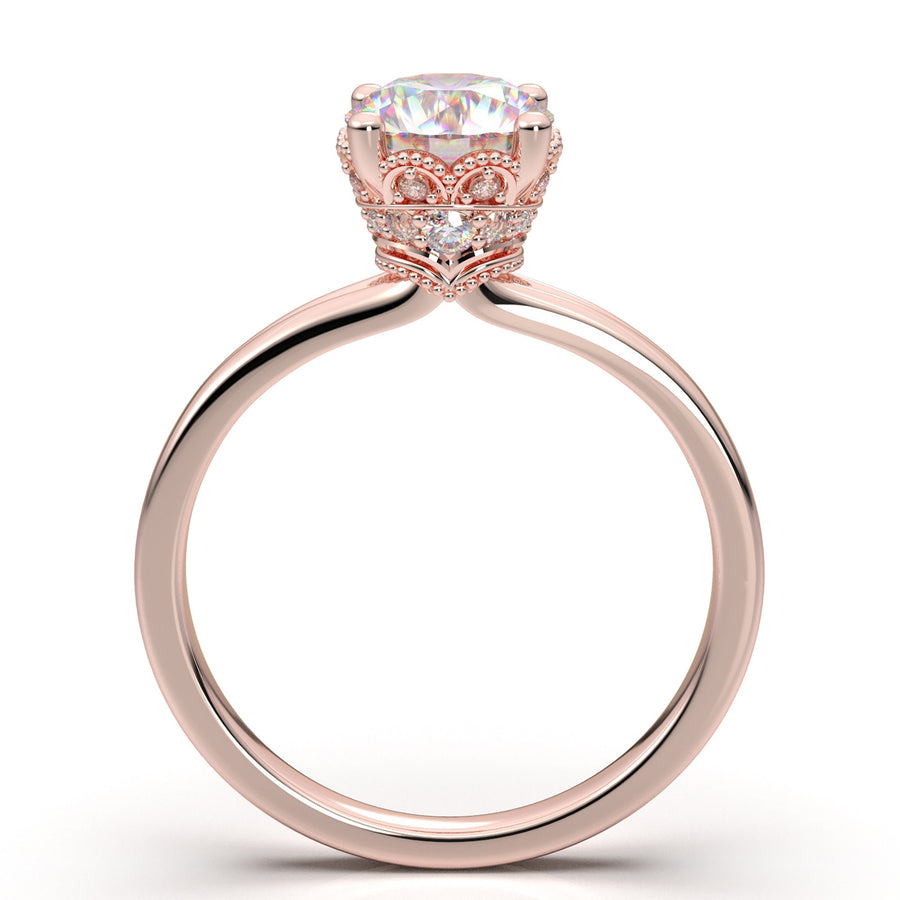 Rose Gold Engagement Ring, Solitaire Diamond Ring, Promise Ring, Vintage Art Deco Wedding Ring, Crown Filigree Ring, 14K Moissanite Ring Her