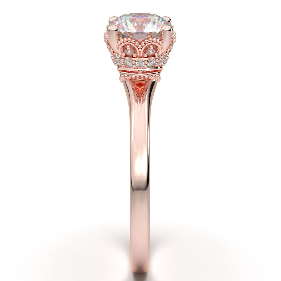 Rose Gold Engagement Ring, Solitaire Diamond Ring, Promise Ring, Vintage Art Deco Wedding Ring, Crown Filigree Ring, 14K Moissanite Ring Her