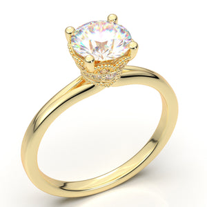 Yellow Gold Solitaire Ring, Diamond Engagement Ring, Moissanite Ring, Promise Ring, Milgrain Filigree Ring, Vintage Art Deco Wedding Ring