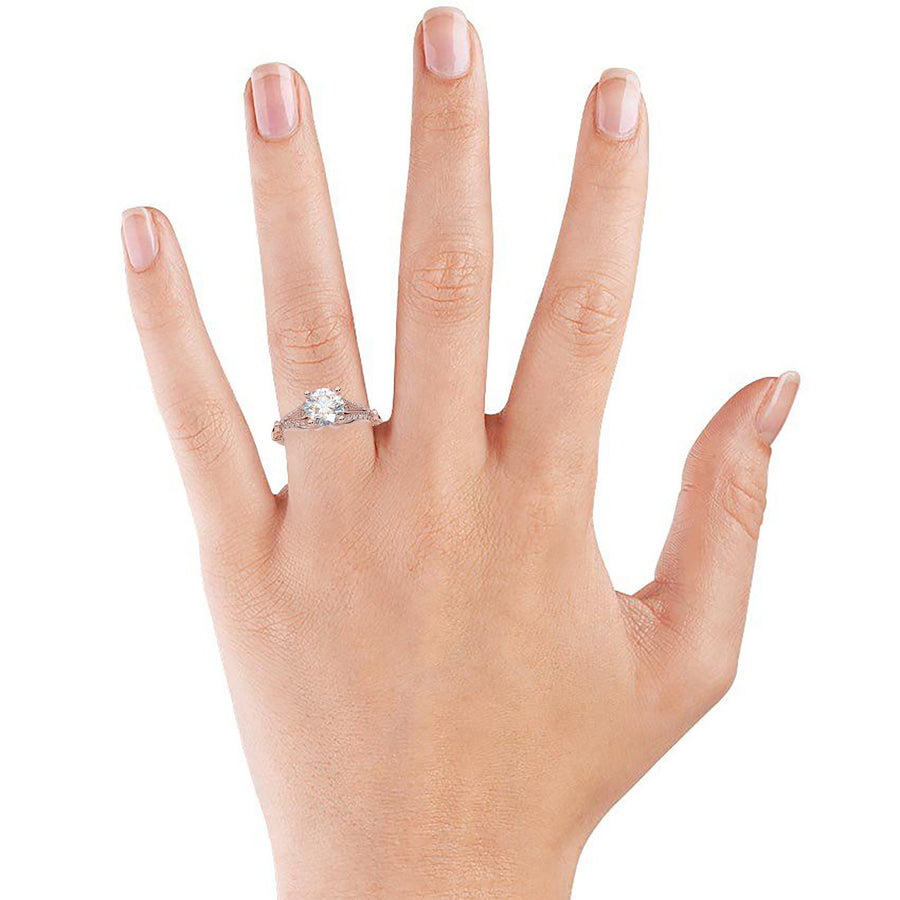 Rose Gold Vintage Engagement Ring Floral Leaf Filigree Ring Unique Diamond Ring Antique Art Deco Ring Split Shank Forever One Her Moissanite