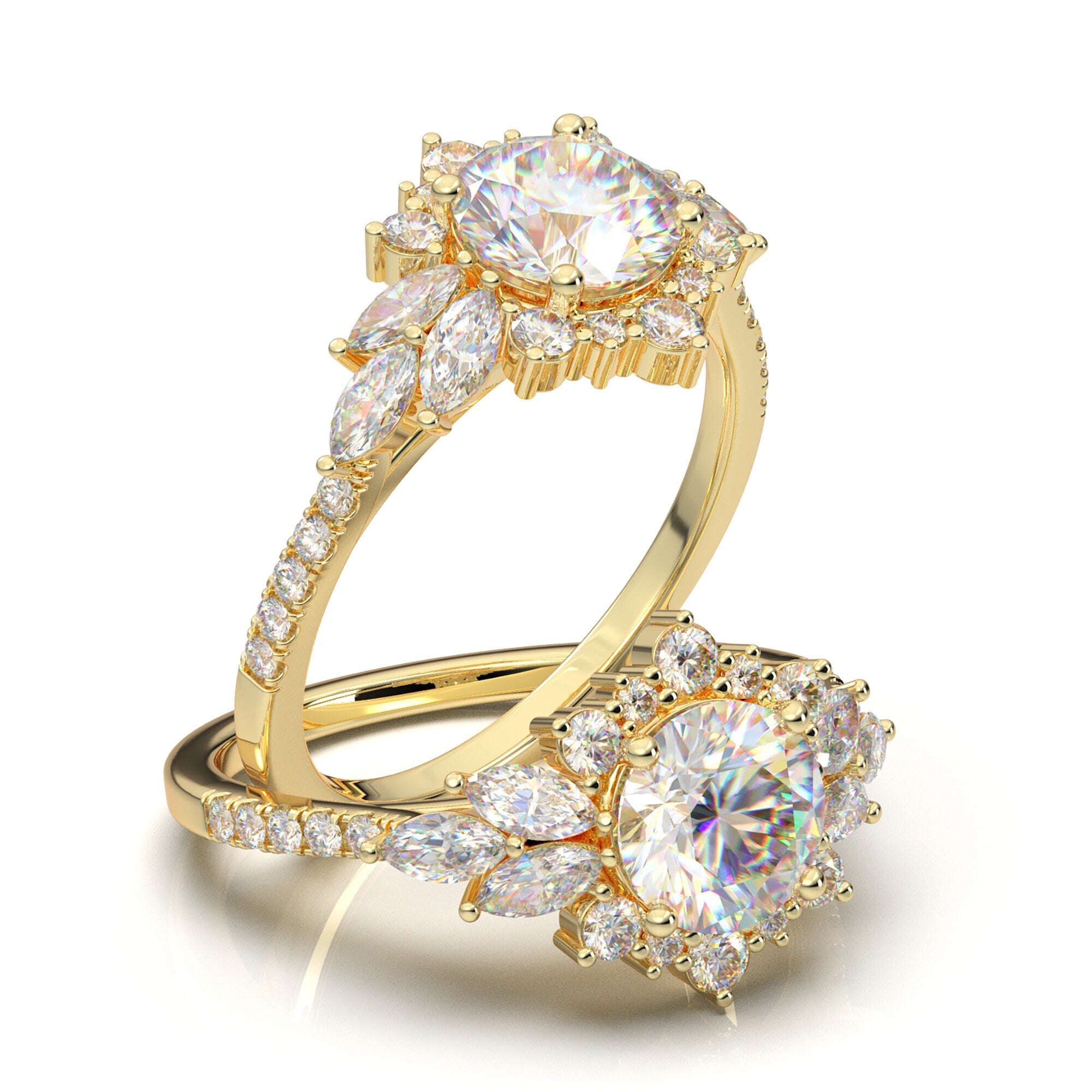 1 Carat Gold Engagement Ring, Yellow Gold Ring, Halo Engagement Ring