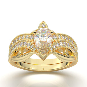 Yellow Gold Bridal Ring Set Engagement Set Vintage Filigree Milgrain Wedding Set Floral Leaf Unique Forever One Colorless Moissanite Ring