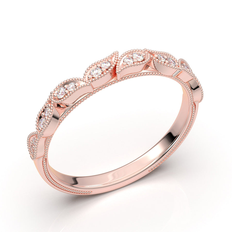 Rose Gold Leaf Band Floral Band Milgrain Band Vintage Band Art Deco Band Dainty Stackable Wedding Band Engagement Band Anniversary Band