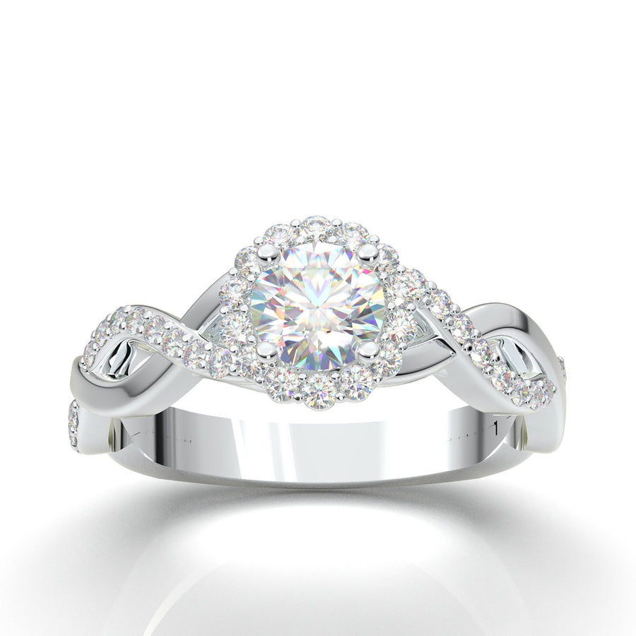 White Gold Halo Engagement Ring, Moissanite Ring, Promise Ring, Infinity Twist Ring, Diamond Ring, Forever One Ring, Wedding Ring For Her