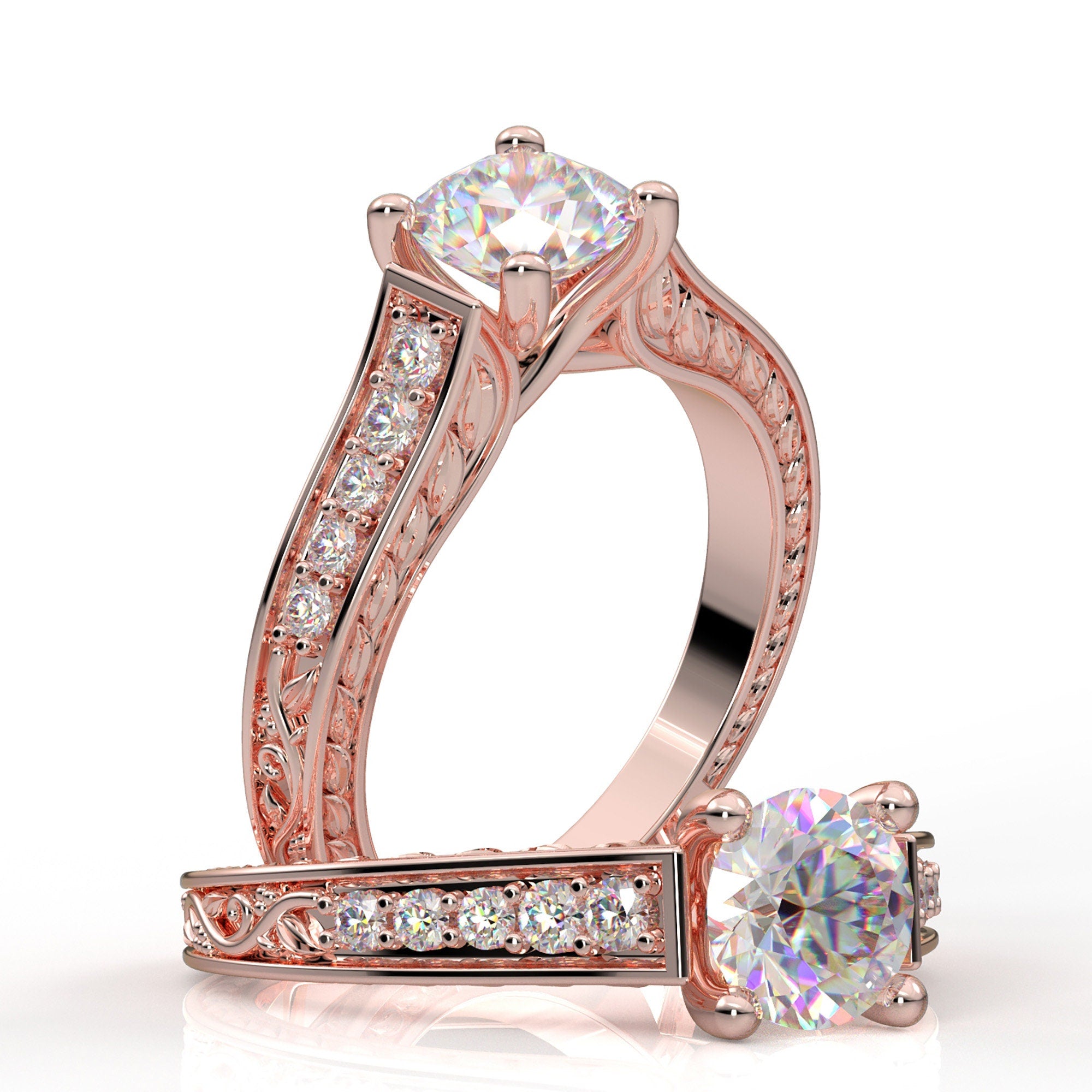 14k Vintage Engagement Ring White Gold Ring Milgrain Filigree Ring Flo