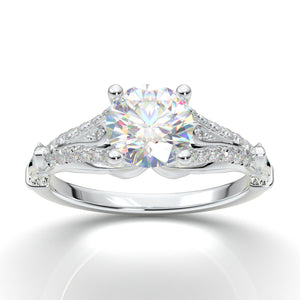 White Gold Vintage Engagement Ring Floral Leaf Filigree Ring Unique Diamond Ring Antique Art Deco Ring Split Shank Forever One Moissanite