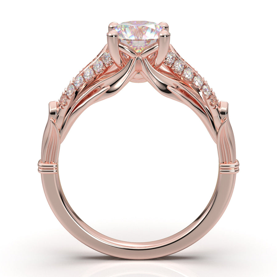 Rose Gold Vintage Engagement Ring Floral Leaf Filigree Ring Unique Diamond Ring Antique Art Deco Ring Split Shank Forever One Her Moissanite