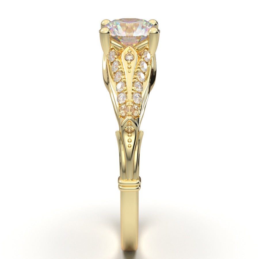 Yellow Gold Vintage Engagement Ring Floral Leaf Filigree Ring Unique Diamond Ring Antique Art Deco Ring Split Shank Forever One Moissanite