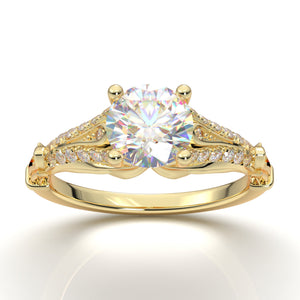 Yellow Gold Vintage Engagement Ring Floral Leaf Filigree Ring Unique Diamond Ring Antique Art Deco Ring Split Shank Forever One Moissanite