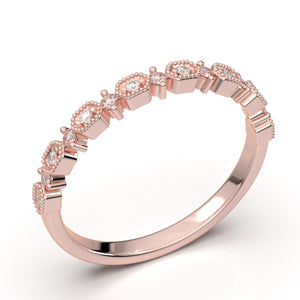 Rose Gold Wedding Band, 14K Gold Stackable Ring, Vintage Matching Ring, Diamond Milgrain Band, Half Eternity Band, Anniversary Gift For Her